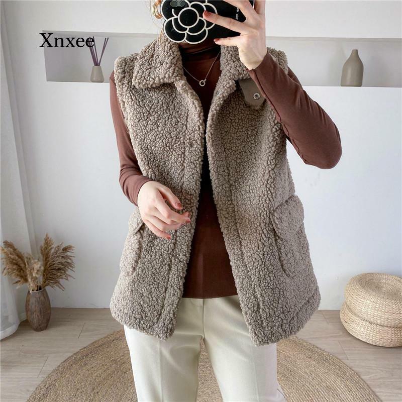 Chaleco de lana de cordero para mujer, chaquetas gruesas, cálidas, con cuello vuelto, bolsillos con botones ocultos, abrigo sin mangas