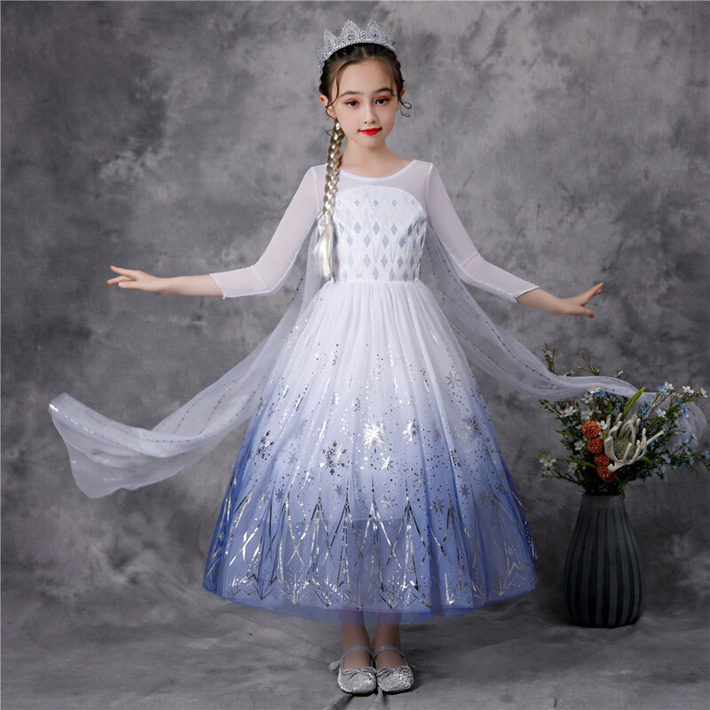 2021 lato Fancy Girl królowa śniegu Elsa 2 sukienka dzieci Shining Snowflake księżniczka suknia wieczorowa dziewczyny wakacje długa sukienka z przylądek