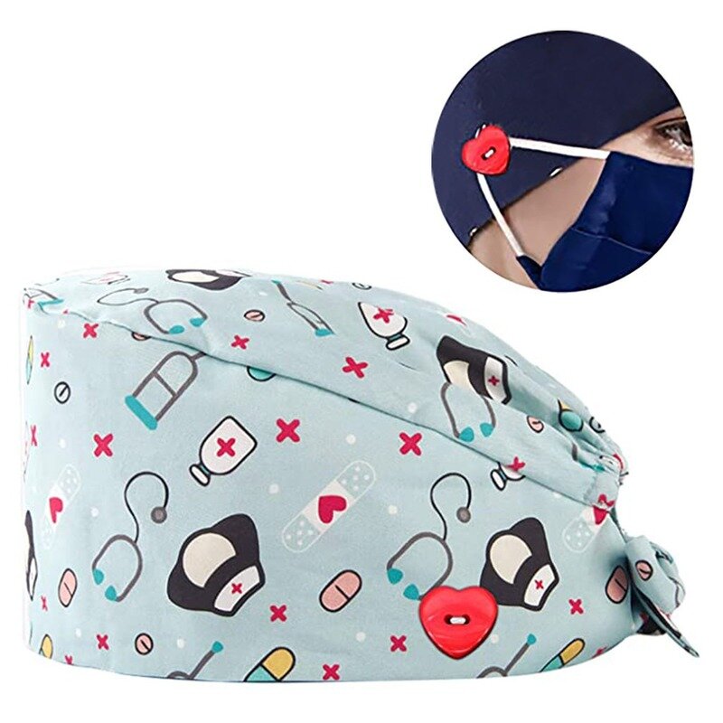 Scrubs Hats with Button Cartoon Printed Reuseable Work Wear Casual Unisex Bandage Adjustable Caps Washable Head Cap Accessories
