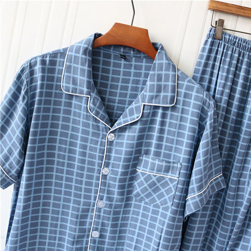 Set pigiama scozzese maschile taglie forti pantaloni estivi a maniche corte in cotone servizio Casual a casa abito a due pezzi indumenti da notte comodi