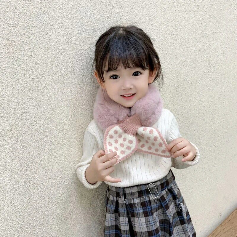 Fashion Anak-anak Perempuan Kulit Buatan Musim Dingin Syal Manis Mewah Polka Dot Anak Perempuan Korea Rajut Syal 2022 untuk Bayi