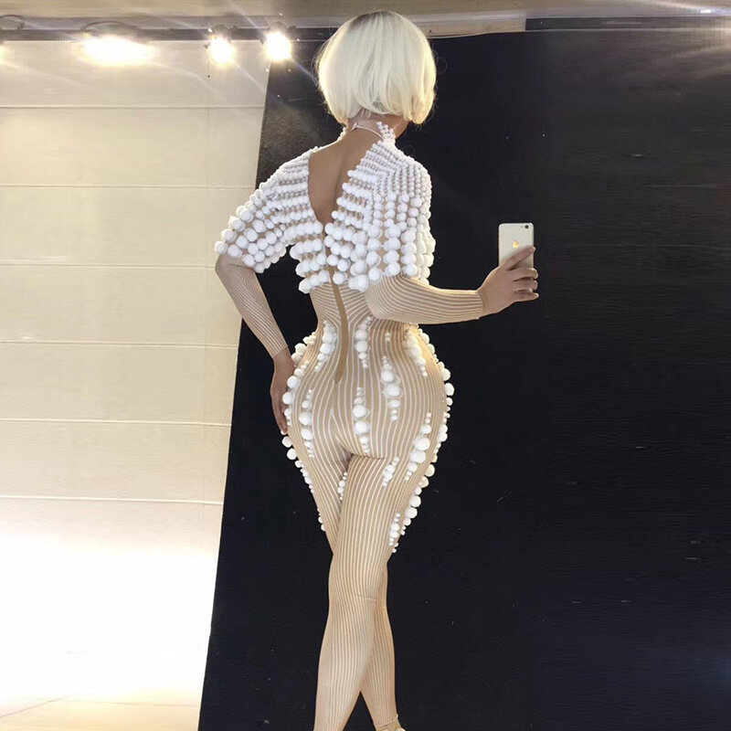 Sexy Roze Bloem Strass Bodysuit Jumpsuit Drag Queen Kostuums Singer Stadium Slijtage Een Stuk Stretch Outfits Nachtclub Romper