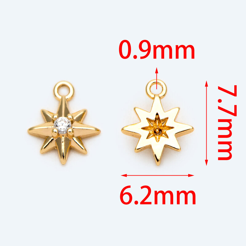 Ciondolo stella pavimentato CZ da 10 pezzi 6x8mm, ciondolo Mini stella in ottone placcato oro 18 carati (GB-1747)