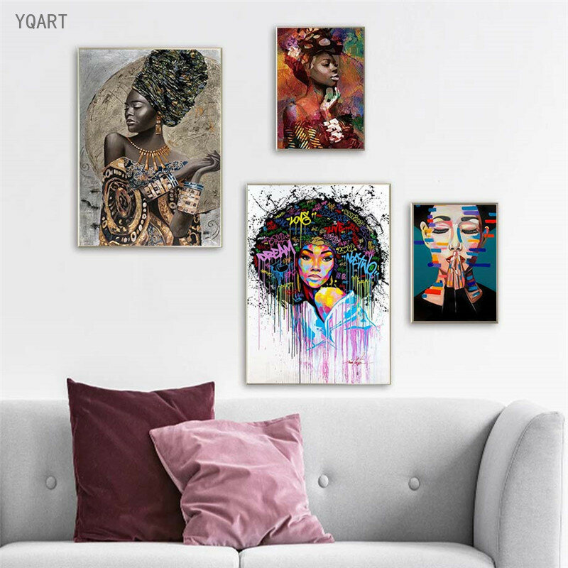현대 미술 추상 아프리카 소녀 포스터 및 인쇄 낙서 예술 여자 초상화 캔버스 회화 거리 벽 그림 홈 장식