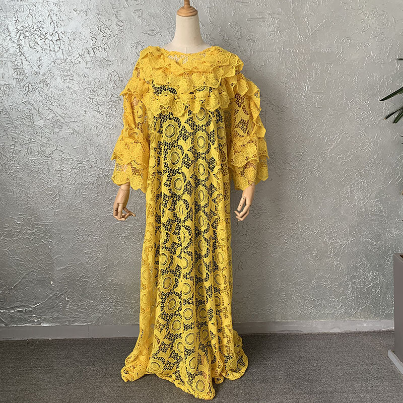 슈퍼 사이즈 레이스 드레스 2021 새로운 아프리카 여성 대시 패션 수용성 레이스 느슨한 자수 긴 드레스 아프리카 의류