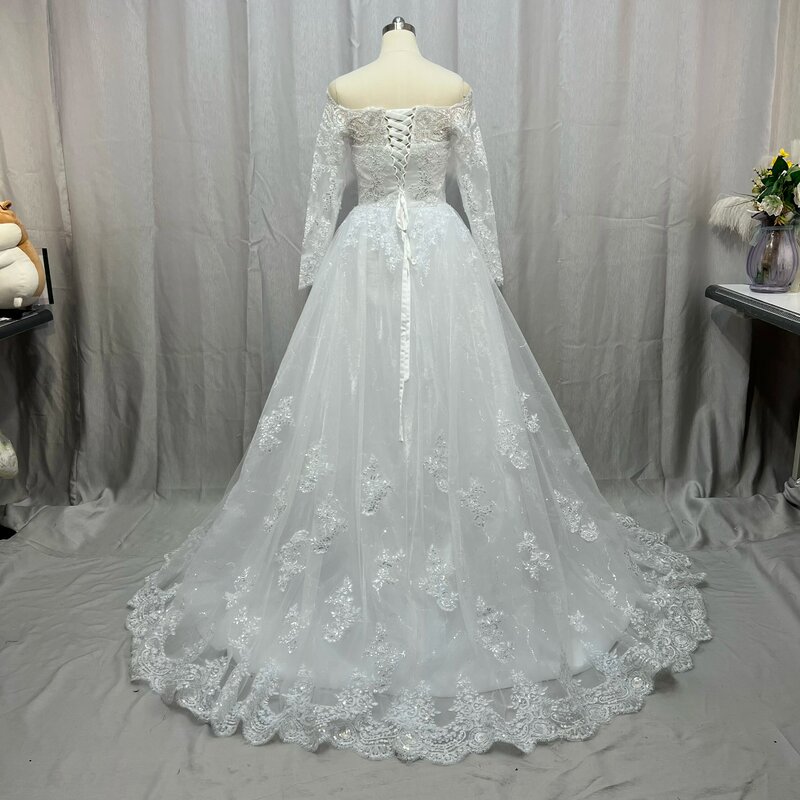 2022 Gaun Pengantin Renda Lengan Panjang Gaun Bola Tulle Ukuran Plus dari Bahu Pengantin Gaun Pernikahan Gaun Pernikahan
