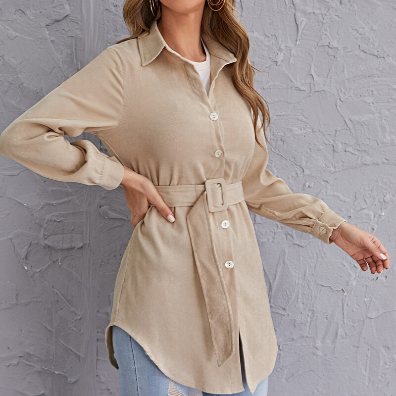 Camisas de gasa para mujer, abrigo de manga larga con botones y cinturón, Color sólido, primavera y otoño