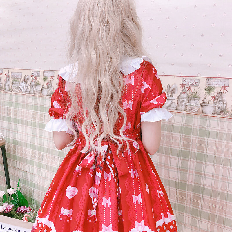 Lolita vestido japonês macio para meninas, lolita fofa para meninas com gola peter pan vestido de laço vestido de verão festa e chá