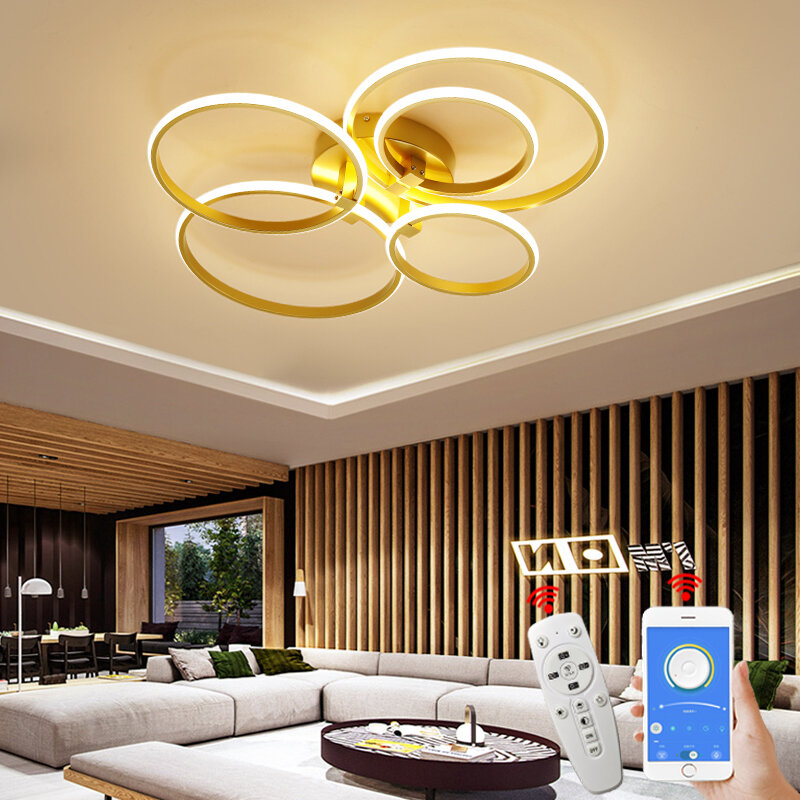 Lustre moderno com estrutura led, luminária para sala de estar, quarto, estudo, cor dourada