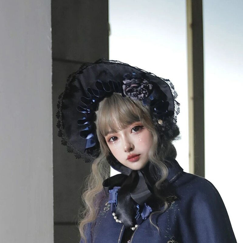 Melonshow Gothic Style Lolita Bonnet Tea Party Lolita Accessories Victorian Hat Women Headgear Vintage Lace Headhands Flowers
