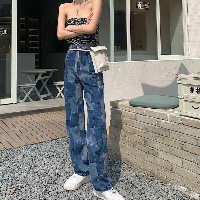2021 nova moda rua personalidade calças de cintura alta calças de brim