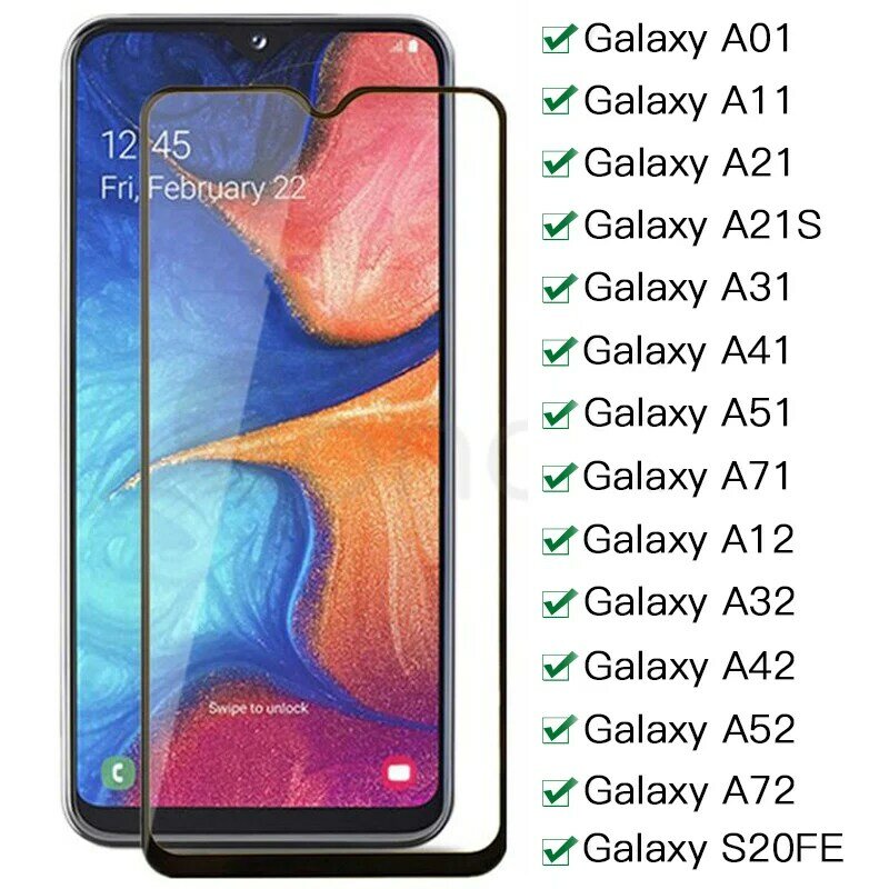 Cubierta completa de vidrio templado para Samsung Galaxy A52 A12 A22 A32 A42 A72 A01 A11 A21 A21S A31 A51 A71 S20Fe, Protector de pantalla de vidrio