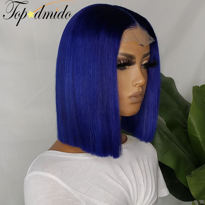 TOPODMIDO-Peluca de cabello humano peruano Remy para mujer, postizo de encaje frontal, corte Bob, Color azul, 13x4