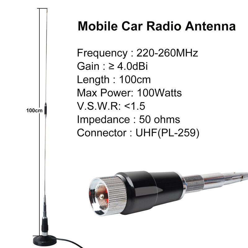 Antena de Radio móvil de alta ganancia con conector UHF PL259, 220-260MHz, 4dBi, 100CM de longitud, para Radio móvil TYT TH-9000D, 220-260MHz
