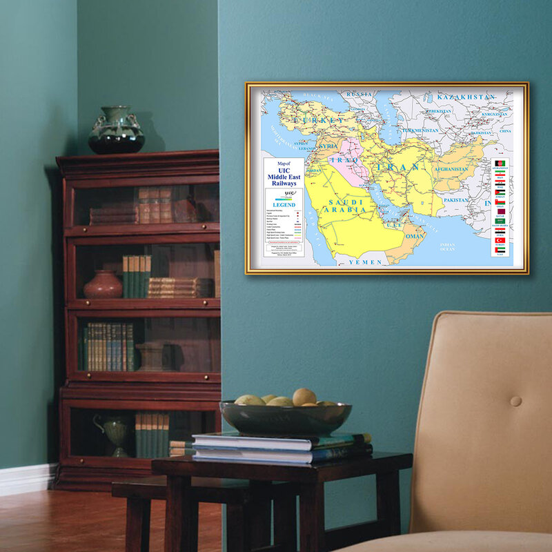 Mapa de vías féricas de Oriente Medio con banderas de país, póster Vintage, pintura en lienzo, decoración del hogar, suministros escolares de viaje, 59x42cm