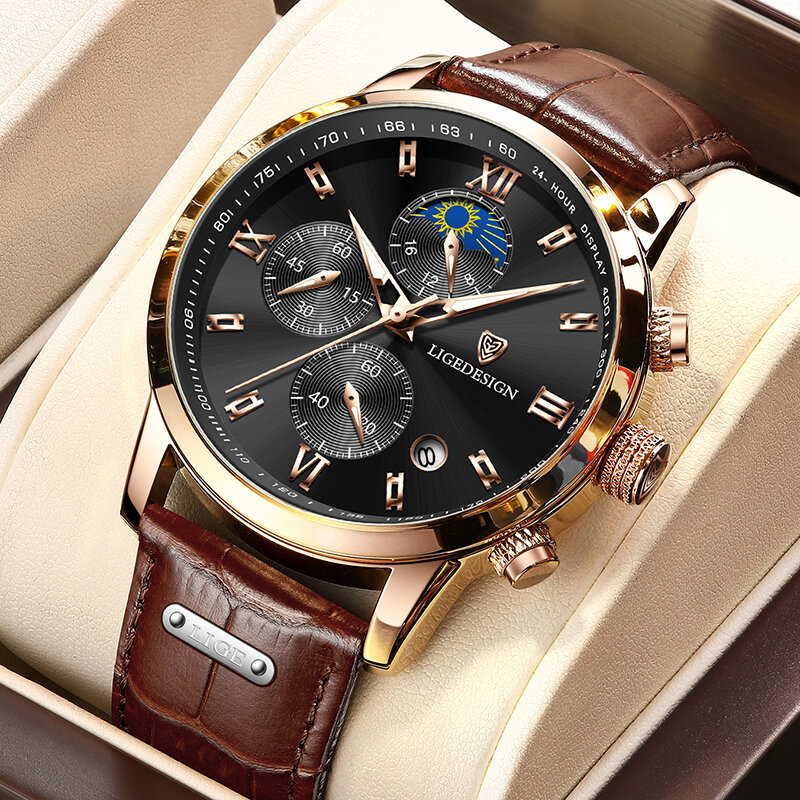 Lige mens relógios top marca de luxo à prova d' água esporte relógio de pulso cronógrafo de quartzo relogio masculino de couro genuíno militar