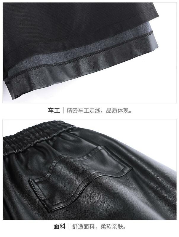 Krótkie damskie skórzane szorty jesienno-zimowa wysoka talia koreański styl luźna szeroka nogawka Plus rozmiar elastyczne spodenki z wysokim stanem dla kobiet