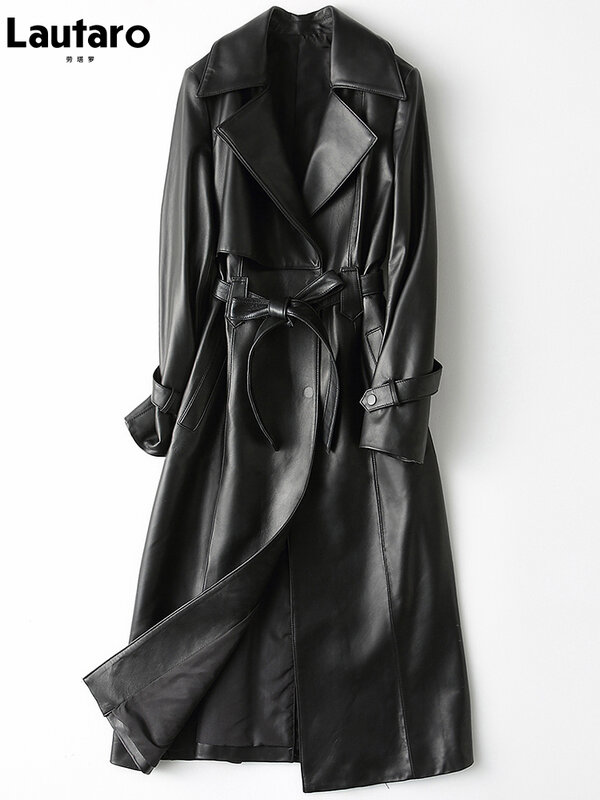 Lautaro秋ロング黒puレザートレンチレディースロングスリーブベルトエレガントな英国スタイルのファッション2021 4xl 5xl 6xl 7xl