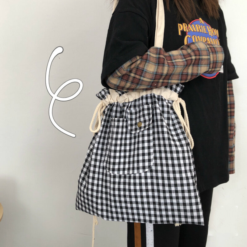Einkaufen Taschen Frauen Plaid Kordelzug Casual Einstellbar Große Kapazität Ins Nette Studenten Shopper Leinwand Tasche Einfache Koreanischen Stil