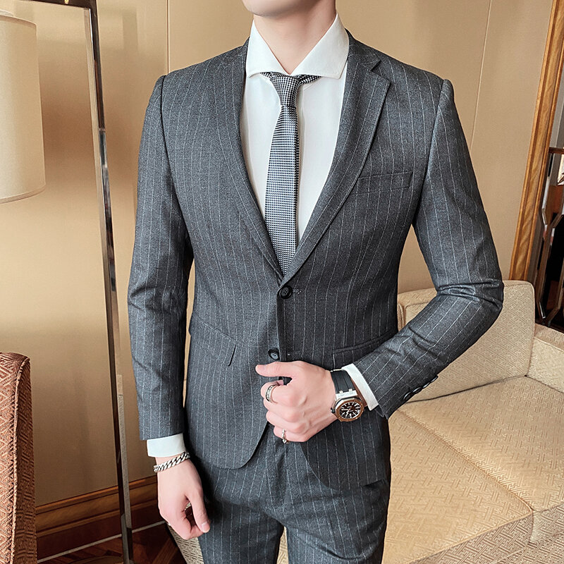 Jaket + Celana Desain untuk Pria Fashion Bisnis Baru 2021 Pakaian Formal Pria Bergaris Jas Slim Fit Pernikahan Cocok untuk pria 4XL-M