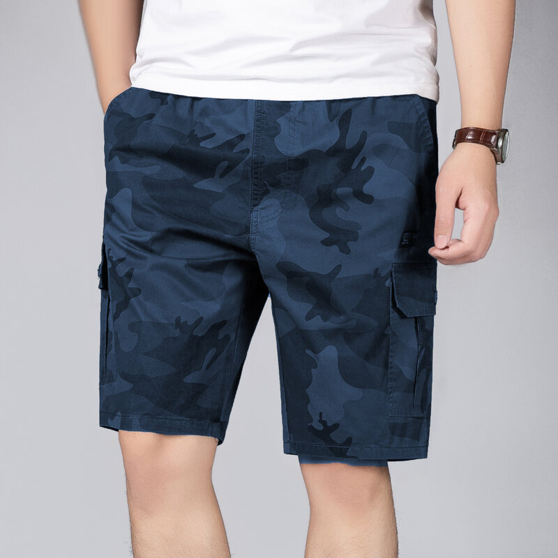 Camuflagem shorts de carga masculina shorts com cordão cintura elástica camo calças curtas masculina shorts casuais com bolsos streetwear