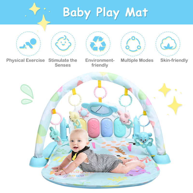 Baby Gym Tikar Bermain 3 In 1 Kebugaran Musik & Lampu Menyenangkan Piano Pusat Kegiatan Biru