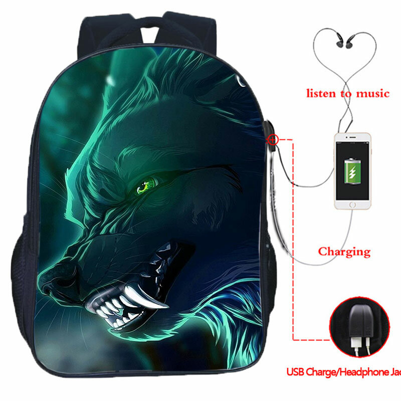 Рюкзак с изображением волка для мальчиков и девочек, школьный рюкзак для подростков с USB-разъемом для зарядки, школьный рюкзак с изображением волка для студентов колледжа