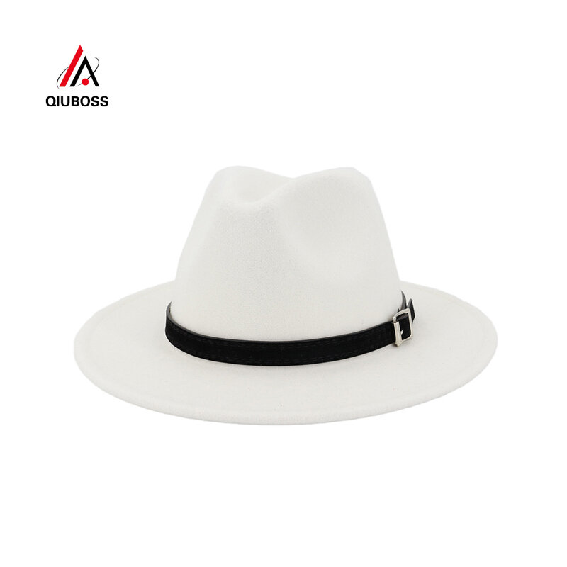 QIUBOSS Men Women Wide Brim Wool Felt Fedora Panama Hat with Belt Buckle Jazz Trilby Cap Party Formal Top Hat In White,black