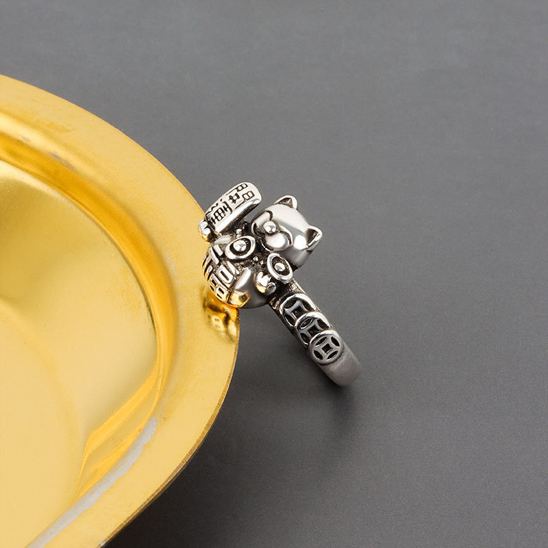 925 prata esterlina anel artesanal com corrente de gato, moda retro, angustiado abertura, borla, jóias finas, novo