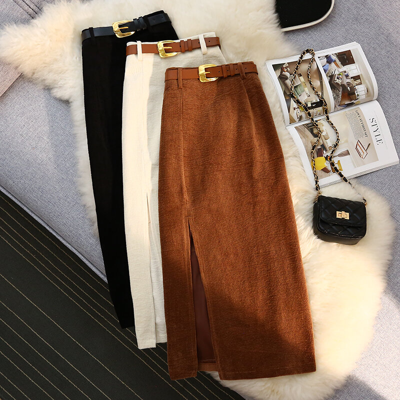 ヘブ & eos-サイドスリット付きヴィンテージスタイルのスカート,ミドル丈ウエスト,エレガント,韓国ファッション,ブラック