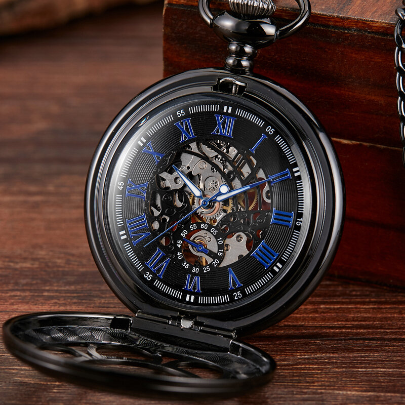 Reloj de bolsillo mecánico para hombre, reloj Retro con esqueleto hueco y flor, cadena de acero Fob, escultura exquisita, números romanos