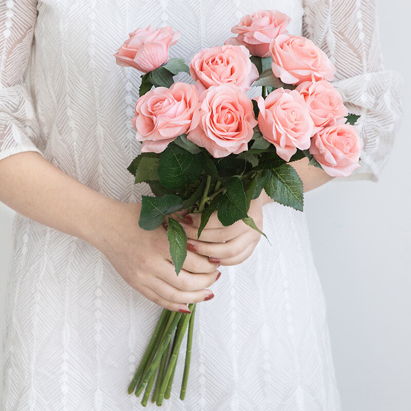 Ramo de flores rosas artificiales de rama larga, flores falsas de franela de simulación, decoración de fiesta de boda y hogar para el Día de San Valentín, 10 Uds.