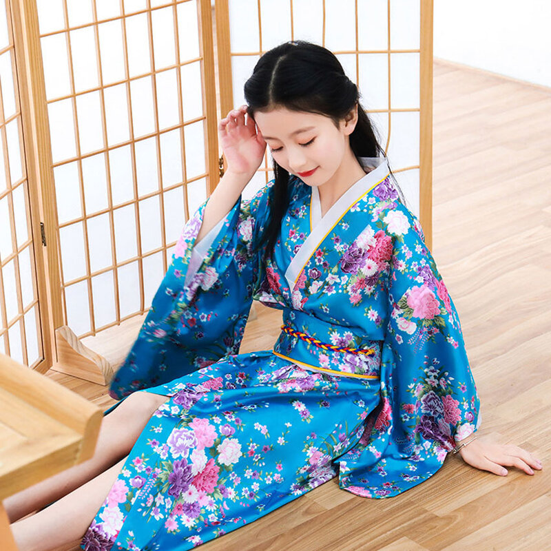 小さな女の子のための日本のサテンの着物,伝統的な浴衣ドレス,高級オリエンタルバス,帯付き