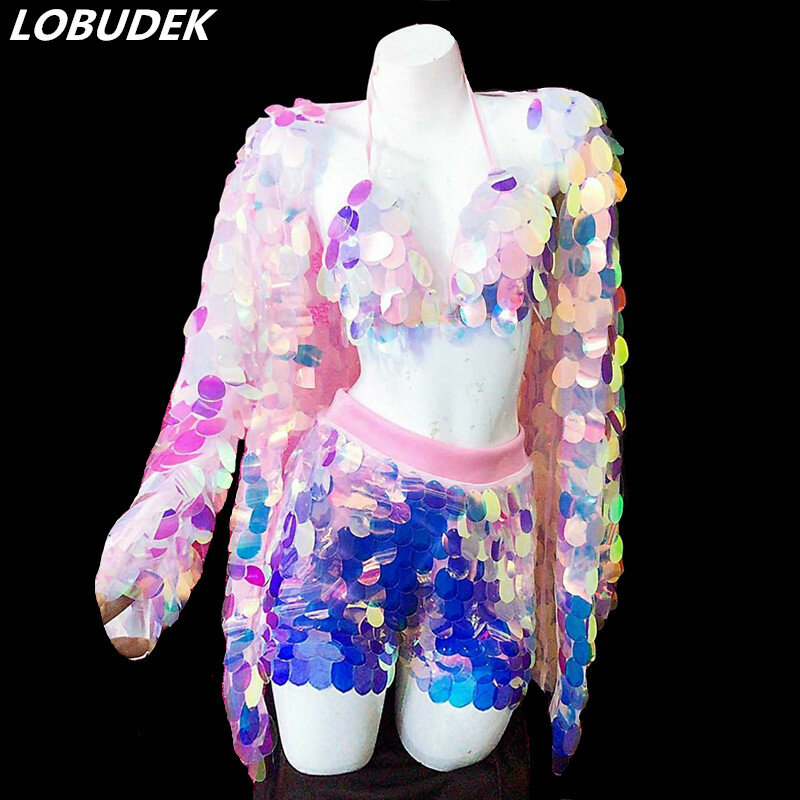 Женский сценический костюм на заказ (бюстгальтер + шорты + кофта), комплект из 3 предметов с блестками розового и фиолетового цветов, танцевальная одежда для певицы, одежда для ночного клуба