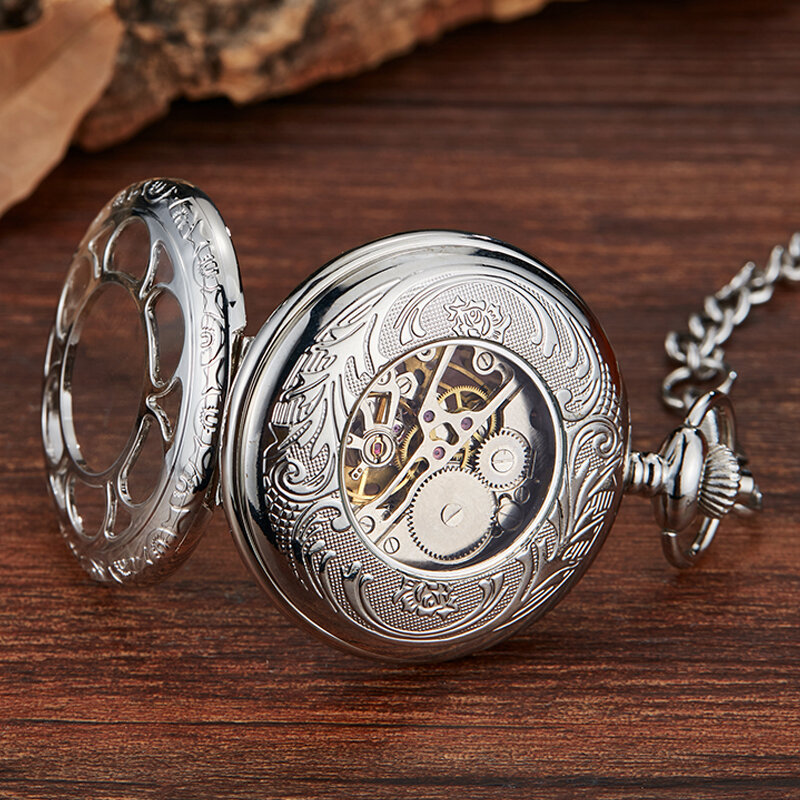 Jam tangan mekanis perunggu, arloji saku angin tangan mekanis, jam tangan Dial kerangka angka Romawi dengan kotak hadiah rantai Fob