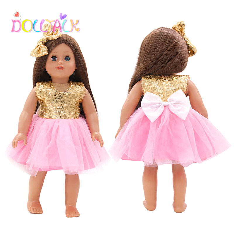 ゴールドカラースパンコール弓人形スカートとヘアピンフィット43センチメートルnew赤ちゃん人形ピンクのためのガーゼのドレスの服セット18インチとdiy人形