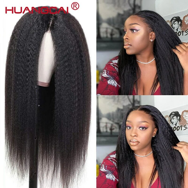 28inch Kinky Straight Middle Part Lace Wig 180% Density Brazilian Human Hair Pre Plucked With Baby Hair Remy Glueless For Women