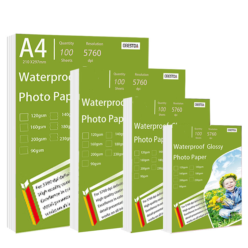 Papel fotográfico brillante impermeable para impresora de inyección de tinta, cubierta de Color para fotografía, A4, 3R, 4R, 5R, 20/100 hojas