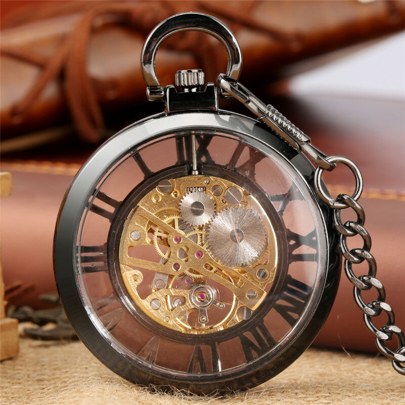 Luxury Hand-wind Mechanical Roman Numbers Steampunk Transparent Pocket Watch Open Face Black Chain Men Women Cool Gift