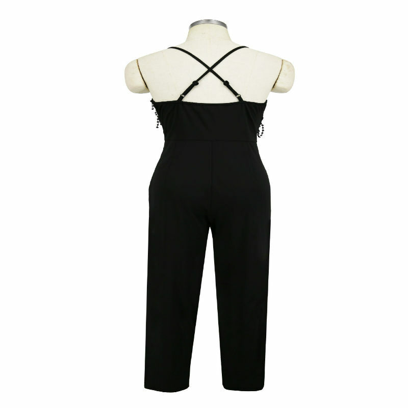 2020 Mode Slanke Sexy Vrouwen Bodycon Jumpsuits Zwarte Kwasten V-hals Spaghetti Strap Avond Club Speelpakje Casual Vrouwen Suits