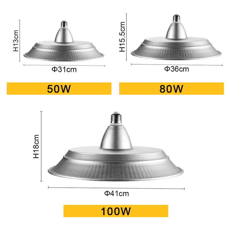 UFO LED 하이 베이 라이트, LED 워크샵 램프, 디밍 50W 산업용 램프, 6000K 공장 조명, E27, 100W, 80W