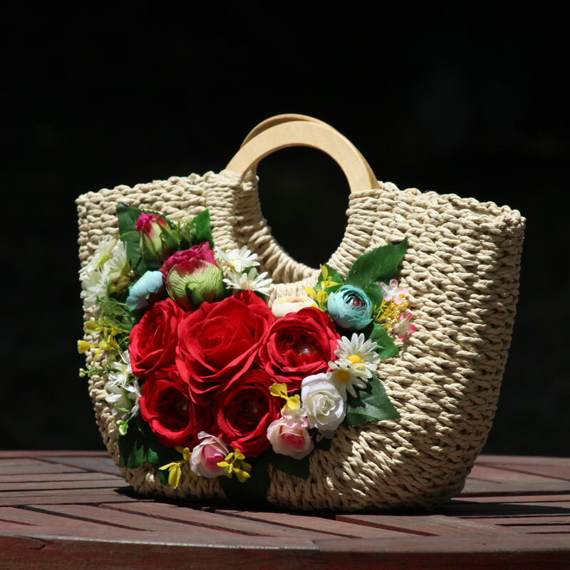 원래 디자인 여성 패션 직조 등나무 꽃 비치 가방 여러 가지 빛깔의 보헤미아 밀짚 토트 핸드백 여름 휴가 사진