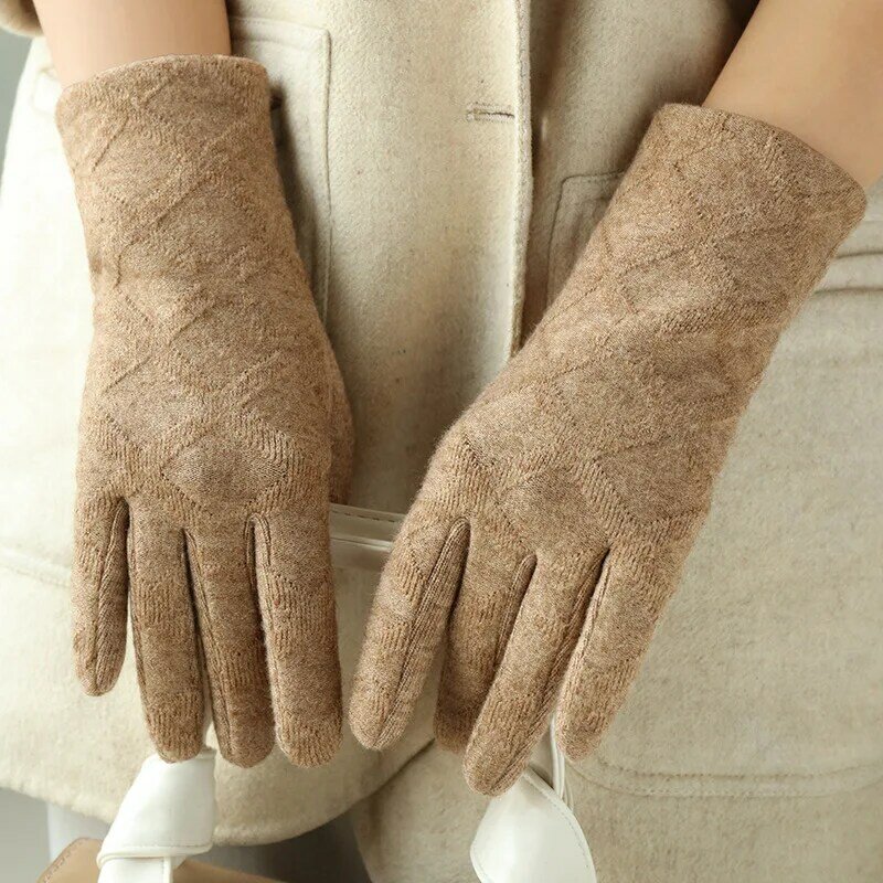 Nowe kobiety Winte imitują kaszmirowy kratownicowy wełniany modne rękawiczki nici Plus aksamitny gruby ekran dotykowy ciepłe rękawiczki