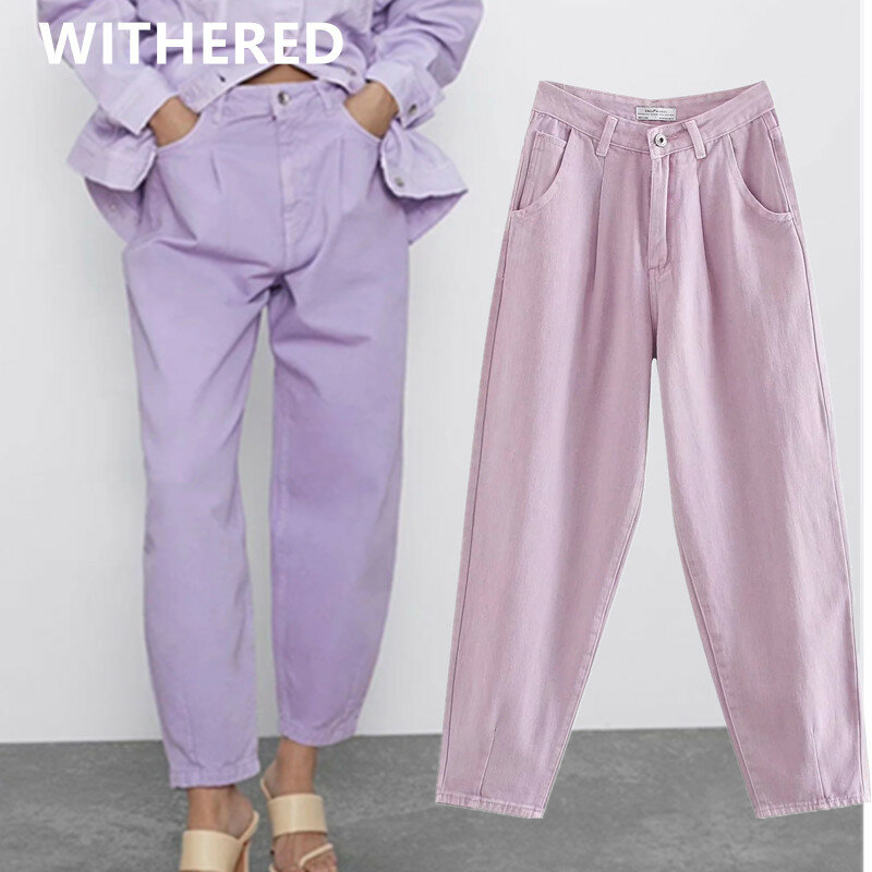 Withered summer england vintage purple color mom jeans woman Turnip pants high waist jeans pleated boyfriend jeans for women
