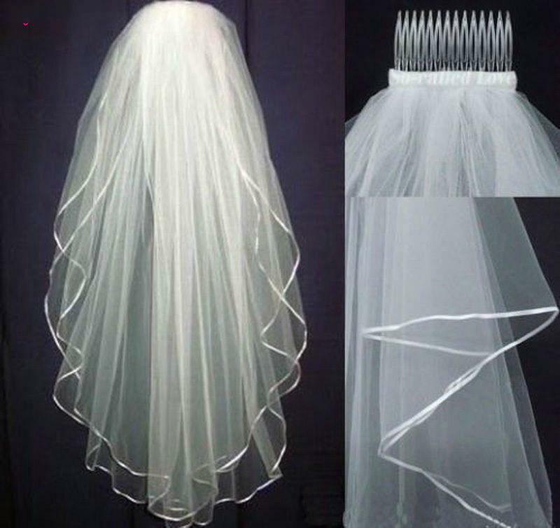 Pretty White Ivory 2 Layers  Bridal Veil Elbow Length Satin Ribbon Edge with Comb  In Stock