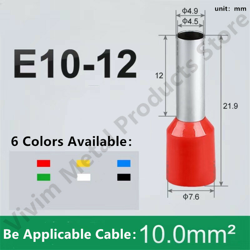 100pcs/Pack E10-12 Insulated Ferrules Terminal Block Cord End Wire 8AWG Connector Electrical Crimp Terminator 10mm²