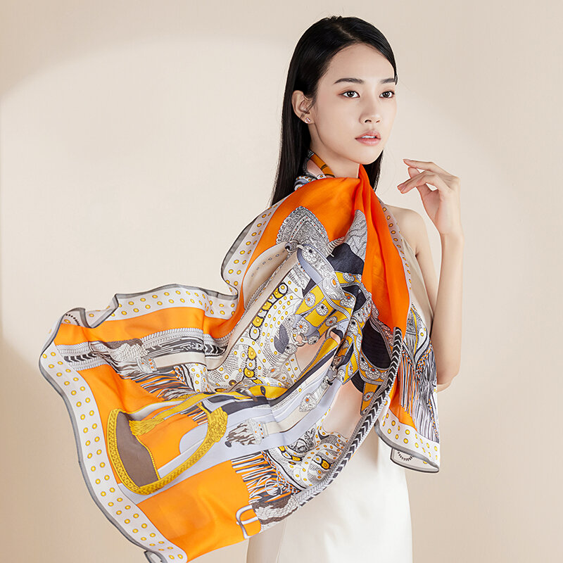 Lenço longo de seda feminino hangzhou, cachecol de seda casual, xale, com bufanda, foulard feminino, estampa de cetim, cachecol de pescoço, 100%