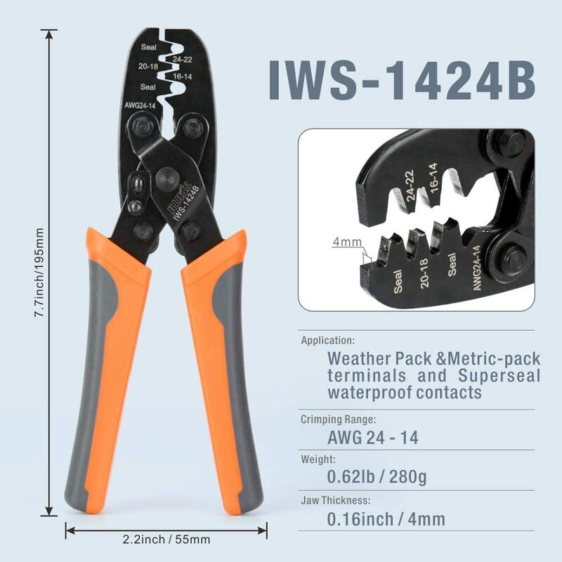 IWISS IWS-1424A/1424B Non Insulated Open Barrel Terminal Crimp Tool/Weather Pack Sealed Connector Crimping Plier hand tool