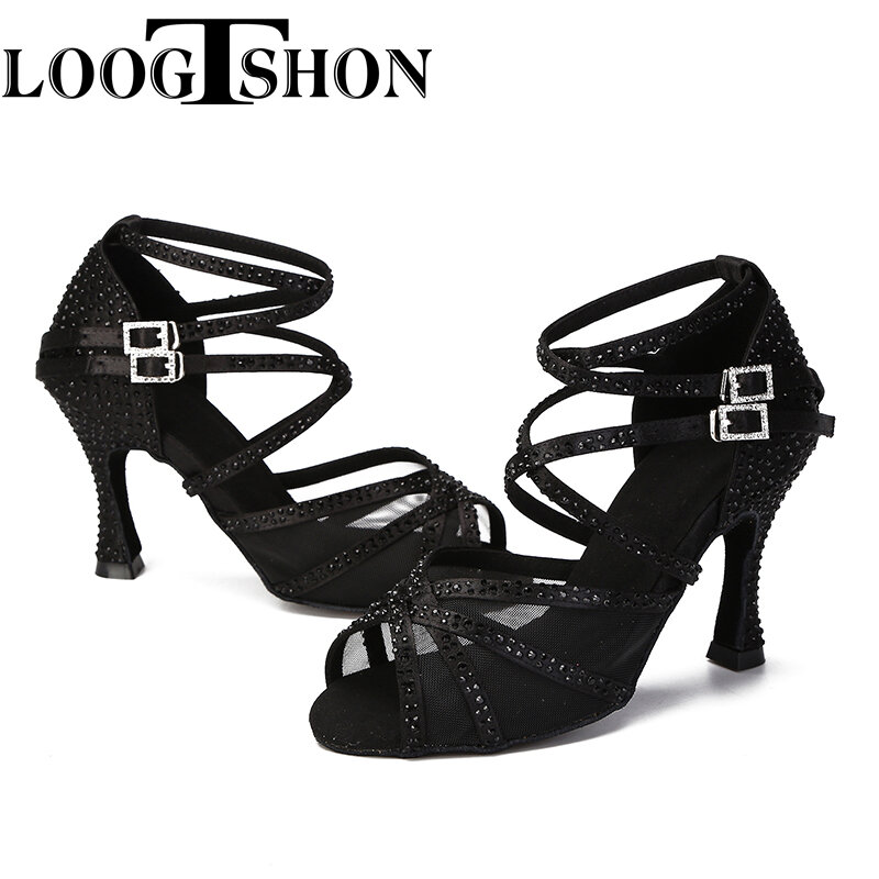 Loogtshon-Chaussures de danse latine noires pour femmes, chaussures de sport à talons de 5.5 cm