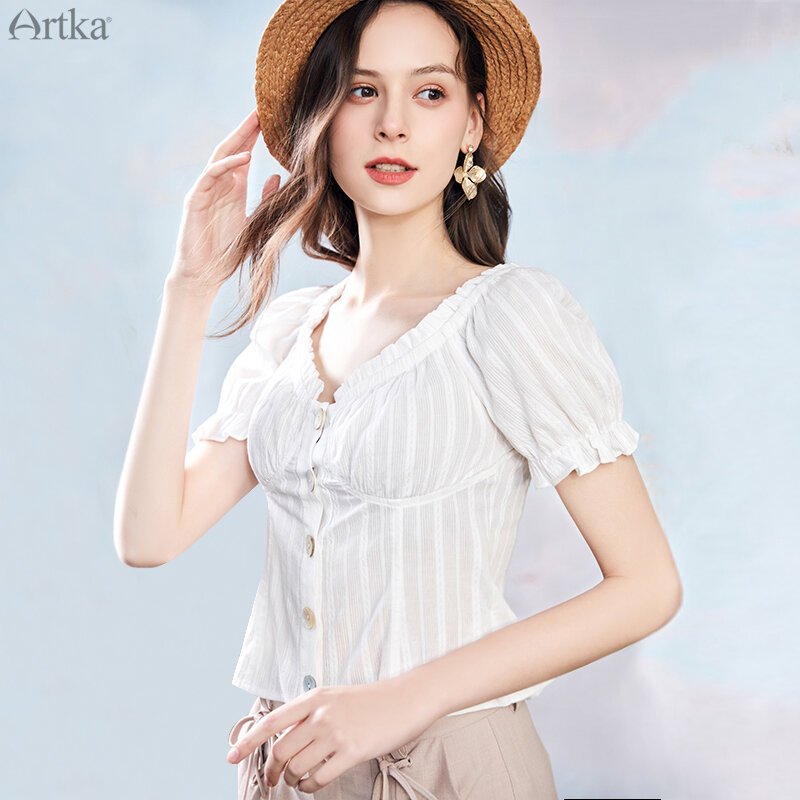 Artka Mùa Hè 2020 Phụ Nữ Mới Áo Cotton Nguyên Chất Pháp Vintage Cổ Chữ V Ngắn Tay Phồng Trắng Áo Sơ Mi Nữ SA20204X